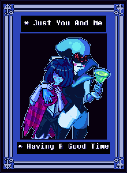 1990s_(style) 1boy 1girl age_difference alcohol blush boots cocktail_glass cup dark deltarune dithering drink drinking_glass fantasy framed glass high_heel_boots high_heels hug kris_(deltarune) lilian_duleroux onee-shota pixel_art queen queen_(deltarune) retro_artstyle smug thighhighs