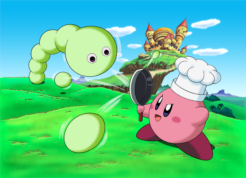 2002 alien ambiguous_gender attack castle chef_hat clothing cook_kirby cookware day demon_beast detailed_background duo frying_pan hat headgear headwear kirby kirby:_right_back_at_ya! kirby_(series) kitchen_utensils nintendo not_furry official_art pink_body popon_(kirby) smile tools unknown_artist waddling_head