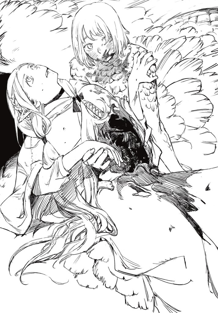 2girls blood blood_on_face braid chimera choker dungeon_meshi dying elf empty_eyes falin_thorden feathered_wings feng_ren french_braid greyscale hair_over_one_eye hair_tubes hand_on_another's_shoulder holding_hands hood hood_down hooded_robe implied_cannibalism leaning_back long_hair long_sleeves looking_at_viewer marcille monochrome monster_girl multiple_girls pointy_ears robe short_hair sitting sketch spoilers very_long_hair wide-eyed wings