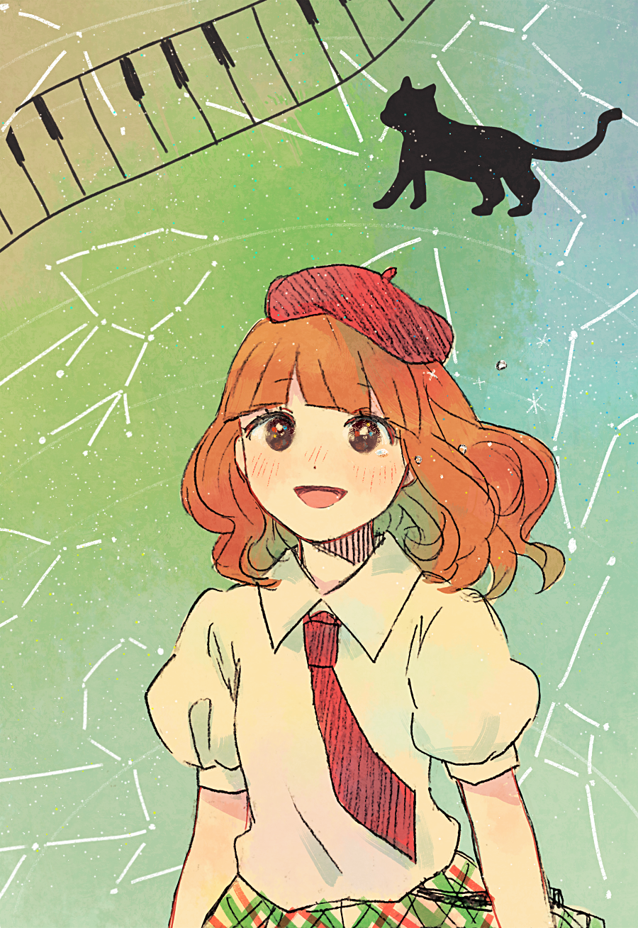 1girl beret black_cat blush brown_eyes brown_hair cat collared_shirt constellation hat highres keyboard_(computer) long_hair necktie open_mouth pikara plaid plaid_skirt polka_dot pop'n_music puffy_short_sleeves puffy_sleeves red_headwear red_necktie rie-chan shirt short_sleeves skirt solo tears upper_body wavy_hair white_shirt