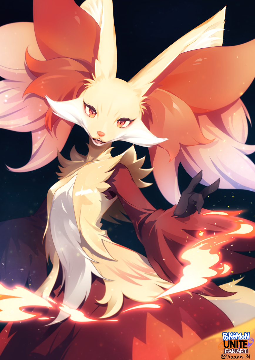 2023 3_fingers anthro canid canine delphox fangs female fingers fire fox front_view fur generation_6_pokemon hi_res inner_ear_fluff looking_at_viewer mammal nintendo open_mouth orange_eyes pokemon pokemon_(species) pokemon_unite portrait pupils red_body red_fur slit_pupils solo suahh teeth three-quarter_portrait tuft white_body white_fur yellow_body yellow_fur