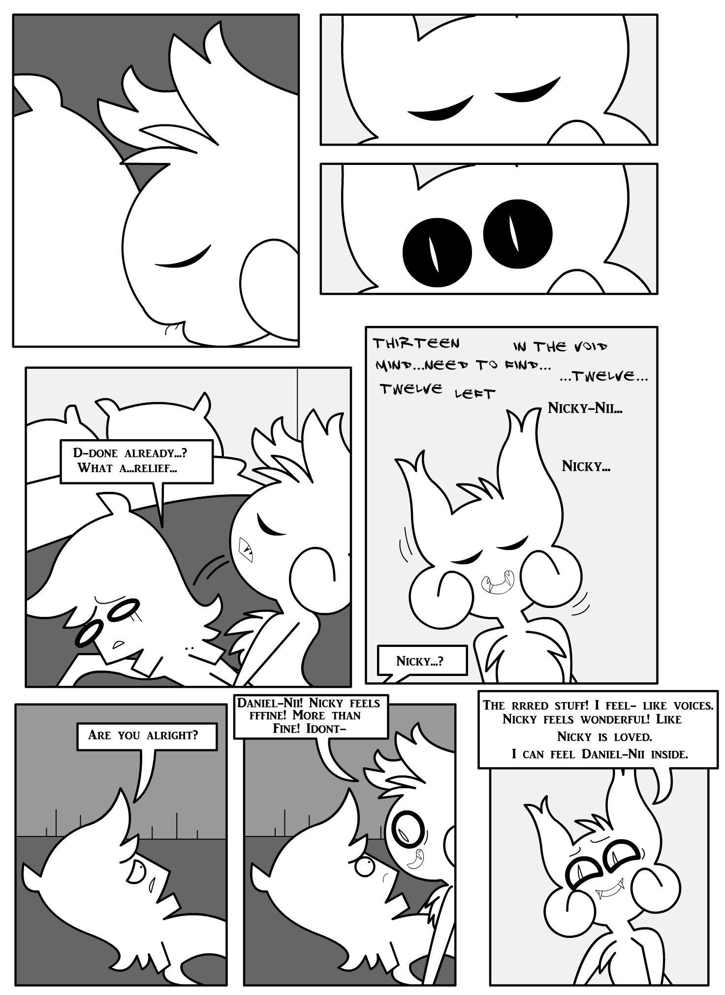 ambiguous_gender anthro bat bed bite bite_mark biting_another black_sclera bodily_fluids border chest_tuft comic daniel_toke dialogue duo english_text eye_contact eyes_closed fangs furniture greyscale happy hi_res human insane inside looking_at_another lying male male/ambiguous mammal monochrome motion_lines narrowed_eyes neck_bite nicky_(abfmh) on_back on_bed overbite pillow pupils shane_frost slit_pupils smile speech_bubble tears teeth text tuft white_border worried
