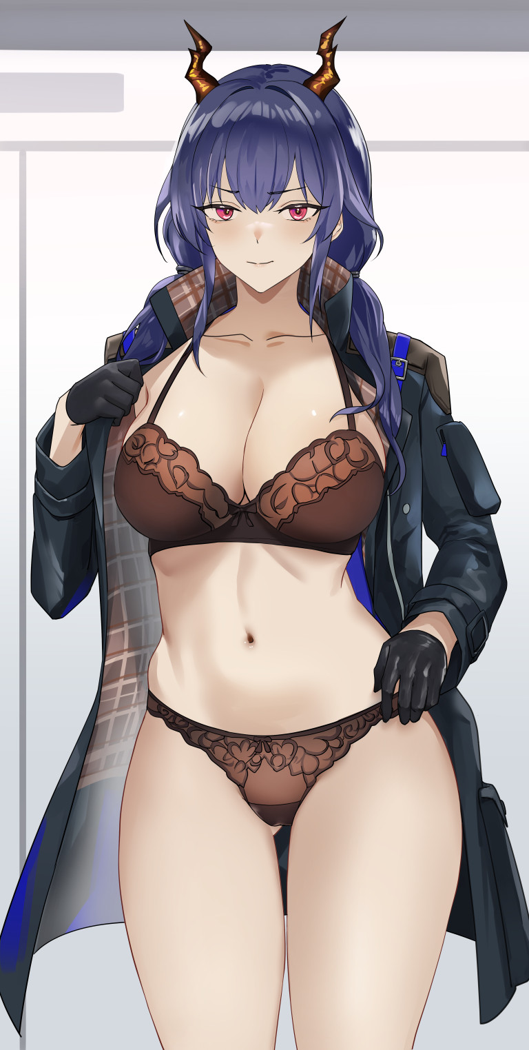 1girl arknights black_gloves blazingchaos blue_hair bra breasts brown_bra brown_panties ch'en_(arknights) closed_mouth collarbone cowboy_shot dragon_girl dragon_horns english_commentary gloves highres horns large_breasts long_hair looking_at_viewer navel panties red_eyes smile solo stomach thighs trench_coat underwear v-shaped_eyebrows
