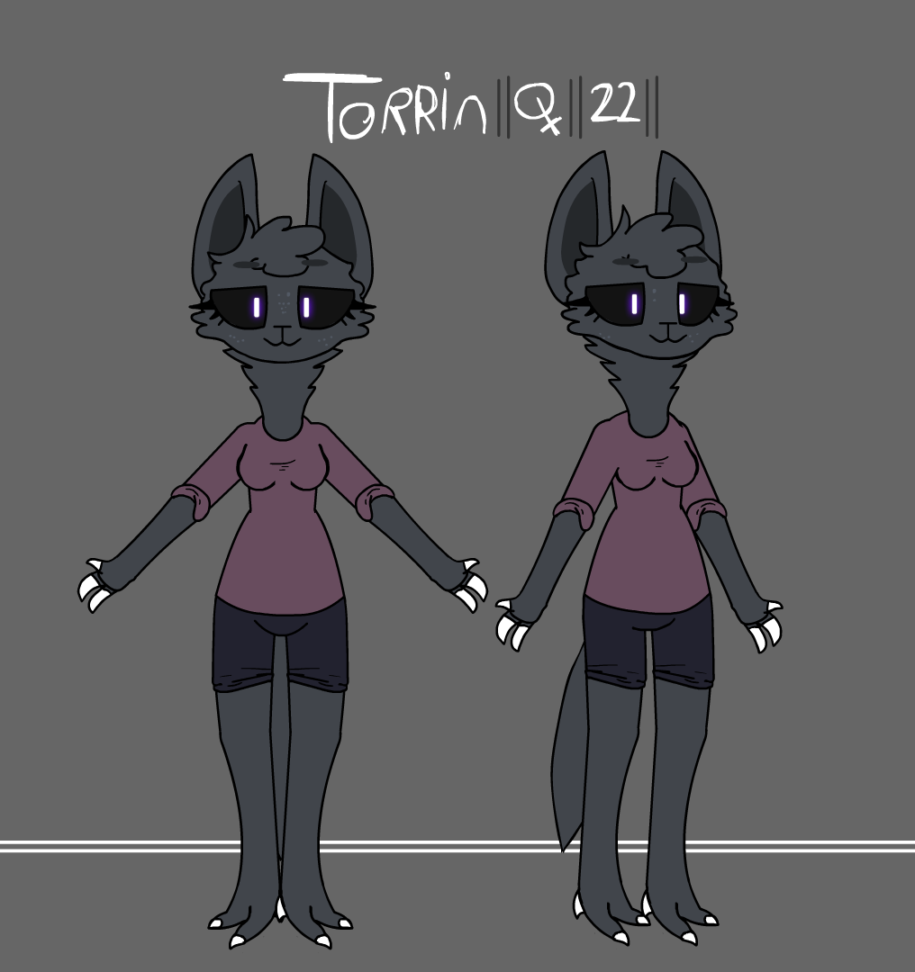 black_sclera clothed clothing ears_up female female_symbol fluffy gender_symbol grey_background humanoid looking_at_viewer model_sheet simple_background smile solo symbol torrin(toxis) toxis unknown_species