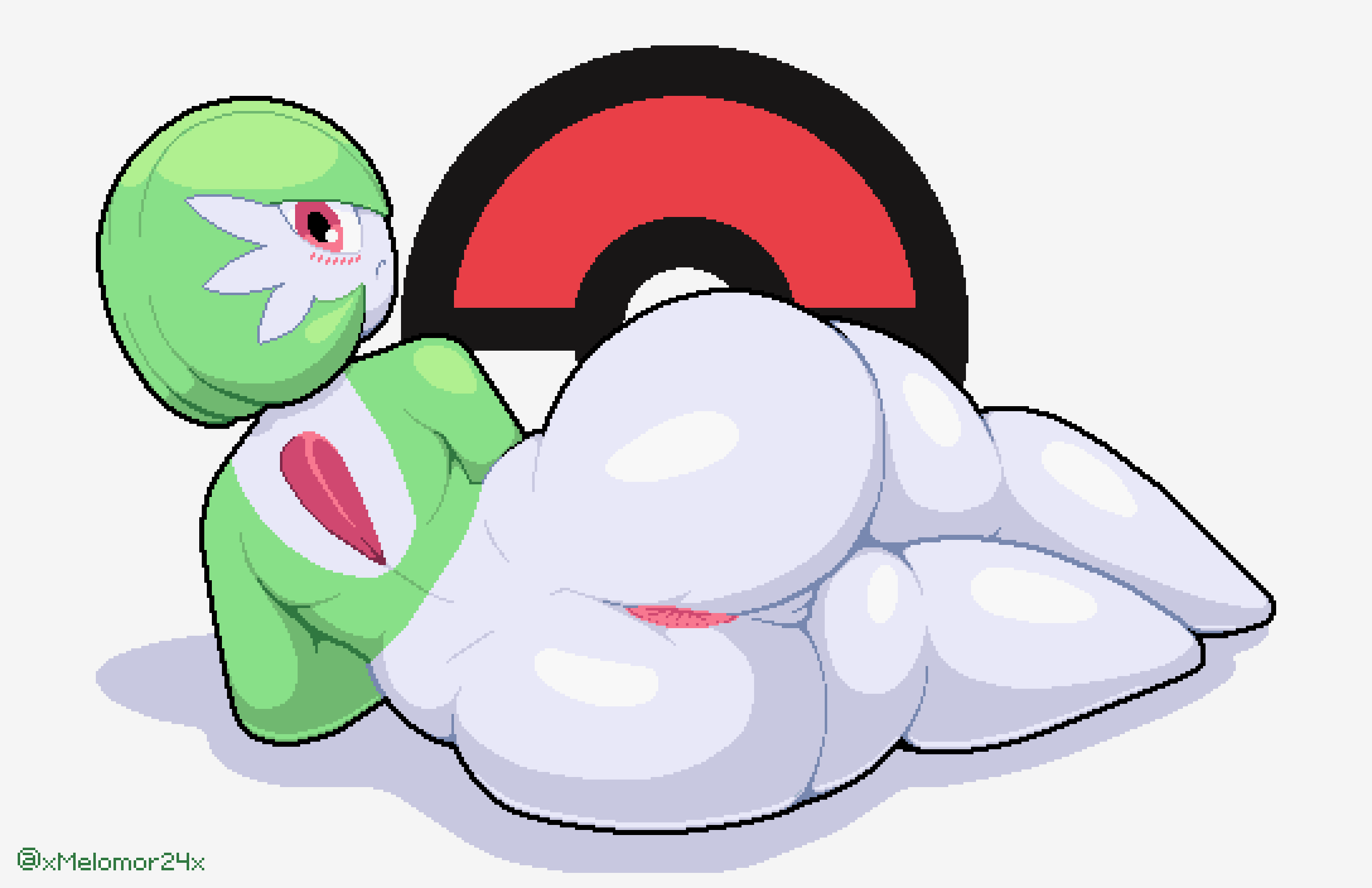 anthro anus big_butt blush blush_lines butt digital_media_(artwork) female gardevoir generation_3_pokemon genitals green_body hi_res looking_at_viewer looking_back lying melomor multicolored_body nintendo on_ground on_side pink_eyes pixel_(artwork) pok&eacute;ball_background pokeball pokemon pokemon_(species) pussy simple_background solo thick_thighs two_tone_body white_background white_body