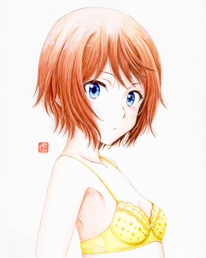 1girl armpits artist_name blue_eyes blush bra breasts brown_hair close-up closed_mouth collarbone commentary dated_commentary expressionless kinuhata_saiai lace-trimmed_bra lace_trim light_blush lingerie looking_at_viewer looking_to_the_side painting_(medium) portrait red_hair short_hair signature simple_background small_breasts solo toaru_kagaku_no_railgun toaru_majutsu_no_index traditional_media underwear underwear_only upper_body watercolor_(medium) white_background y_takeshinu_wan yellow_bra