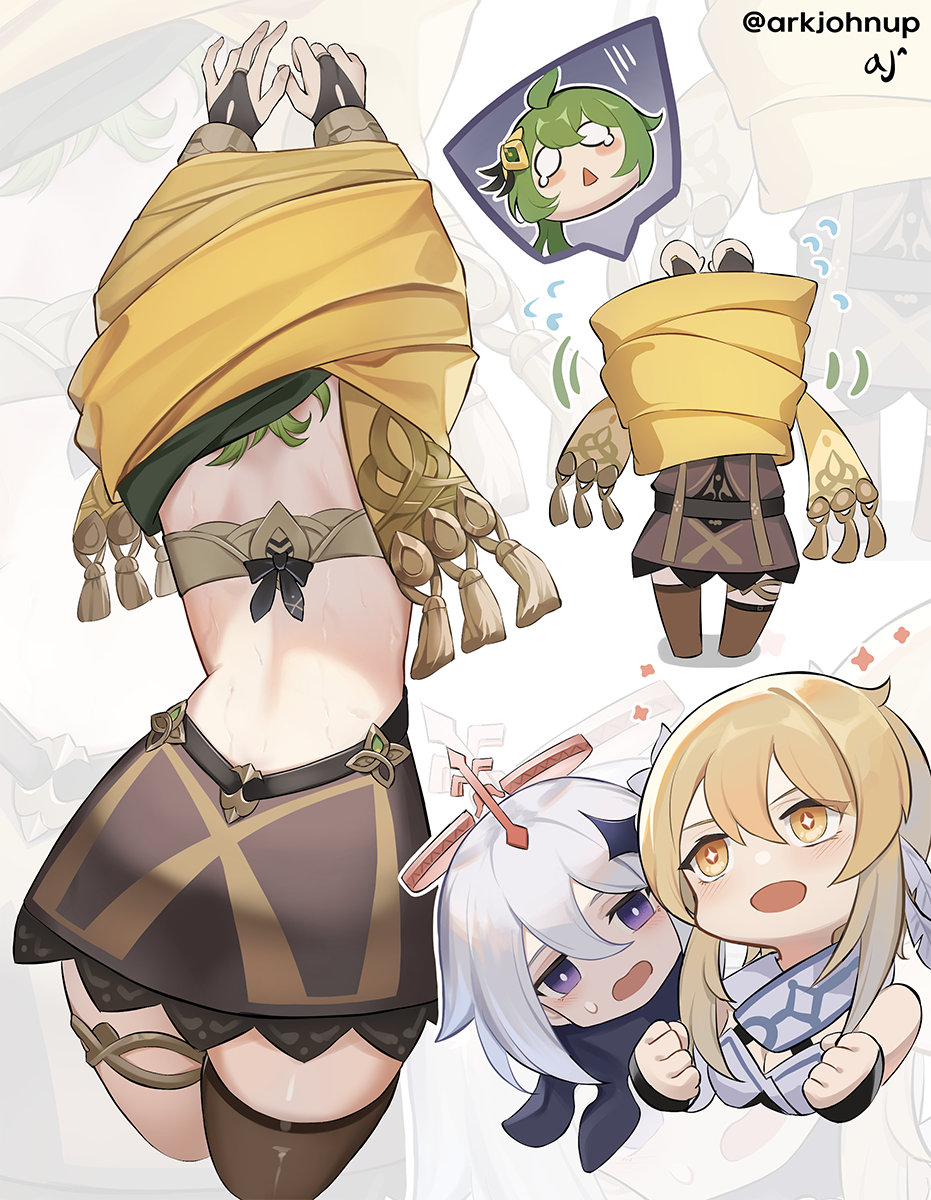 3girls ark_john_up back backless_dress backless_outfit bandeau bare_back belt black_scarf blank_eyes blonde_hair blush bridal_gauntlets brown_dress brown_thighhighs collei_(genshin_impact) cropped_legs cropped_torso dress entangled feathers flower flying_sweatdrops from_behind genshin_impact green_hair hair_between_eyes hair_flower hair_ornament halo highres lumine_(genshin_impact) mechanical_halo multiple_girls multiple_views open_mouth paimon_(genshin_impact) plus_sign scarf short_hair_with_long_locks sidelocks simple_background spoken_character sweat thigh_belt thigh_strap thighhighs thighlet triangle_mouth twitter_username white_background white_dress white_flower white_hair white_scarf yellow_eyes yellow_scarf