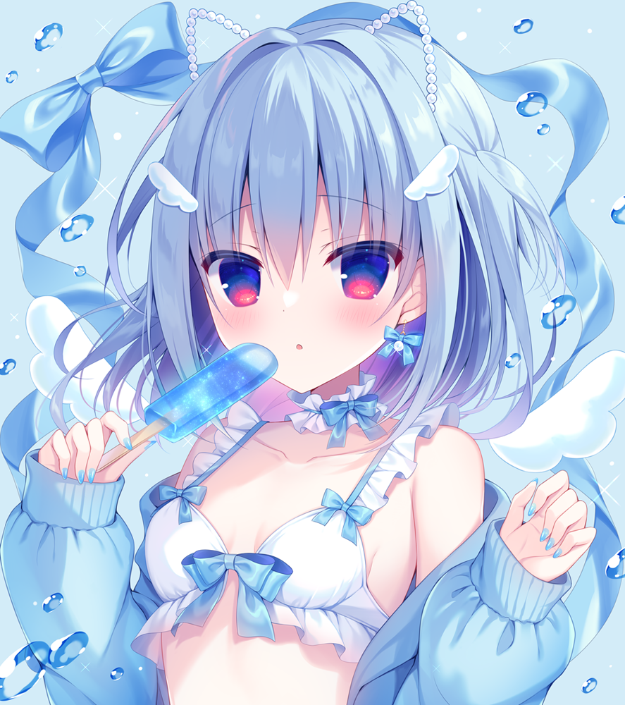 1girl :o bare_shoulders bikini blue_background blue_bow blue_eyes blue_hair blue_jacket blue_nails bow breasts collarbone commentary_request copyright_request food frilled_bikini frills hair_between_eyes hair_intakes hands_up hasune holding holding_food jacket long_sleeves looking_at_viewer nail_polish off_shoulder open_clothes open_jacket parted_lips popsicle puffy_long_sleeves puffy_sleeves red_eyes simple_background sleeves_past_wrists small_breasts solo swimsuit upper_body virtual_youtuber white_bikini
