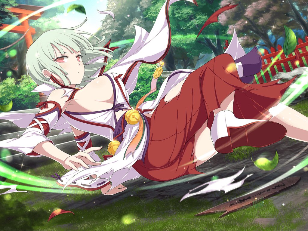 1girl armpits bell belt blue_sky blunt_bangs blush branch breasts bush closed_mouth cloud day detached_sleeves energy falling_leaves fence forest grass green_hair hakama high_collar high_heels japanese_clothes jingle_bell large_breasts leaf light_green_hair light_particles looking_at_viewer motion_lines naraku_(senran_kagura) nature nontraditional_miko official_alternate_costume official_art outdoors picket_fence plant red_eyes red_hakama ribbon-trimmed_sleeves ribbon_trim rope senran_kagura senran_kagura_new_link shimenawa shiny_skin short_hair shrine sideboob sky solo sparkle stairs stone_stairs stone_walkway torii torn_clothes torn_hakama tree white_footwear wooden_fence yaegashi_nan