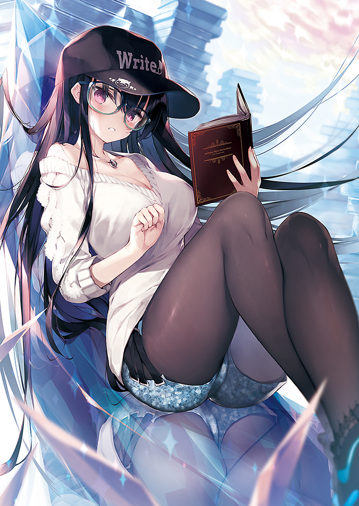 1girl bare_shoulders baseball_cap black_footwear black_hair black_headwear blue_shorts book book_stack breasts brown_pantyhose collarbone commentary_request crossed_legs glasses green-framed_eyewear hair_between_eyes hat holding holding_book knees_up large_breasts legwear_under_shorts long_hair looking_at_viewer off_shoulder open_book original pantyhose parted_lips red_eyes reflection satsuki_misuzu shirt shoes short_shorts shorts sitting solo very_long_hair white_shirt