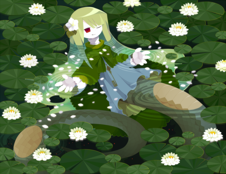 1girl afloat day flower from_above funamusea green_hair haiiro_teien hair_between_eyes hair_ornament lamia lily_pad long_hair long_sleeves lotus mogeko_(okegom) monster_girl nature one_eye_closed outdoors partially_submerged petals petals_on_liquid plant pond red_eyes ripples sin_(haiiro_teien) skirt solo tail very_long_hair water water_lily_flower