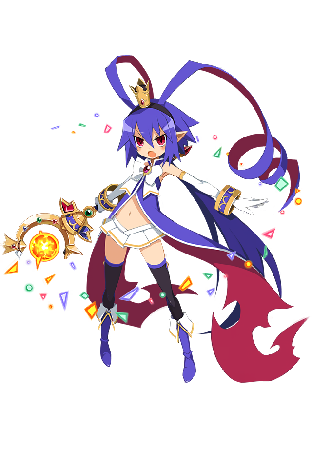 1girl antenna_hair blue_hair blush boots bow bracelet crown disgaea disgaea_rpg elbow_gloves etna_(disgaea) full_body genderswap genderswap_(mtf) gloves holding holding_wand jewelry laharl magic magical_girl magical_girl_laharl miniskirt multicolored_hair navel non-web_source official_art open_mouth photoshop_(medium) pleated_skirt pointy_ears red_eyes red_hair skirt slit_pupils solo thighhighs transparent_background wand