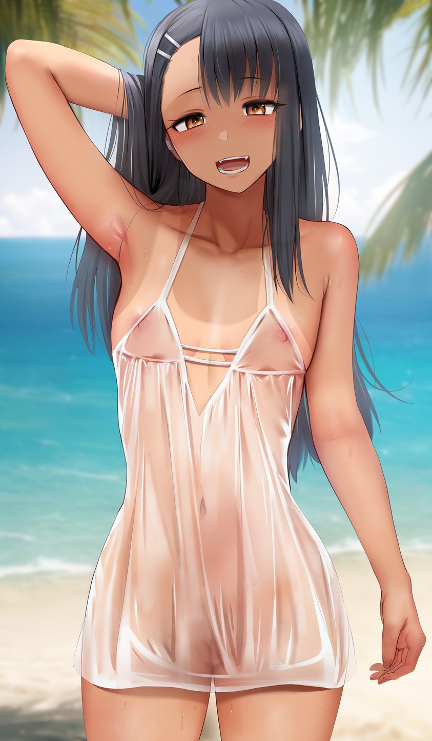 1girl :d arm_up armpits bare_shoulders beach black_hair blush breasts brown_eyes cleft_of_venus dark-skinned_female dark_skin dress earclip fangs ginhaha hair_ornament hairclip highres ijiranaide_nagatoro-san long_hair looking_at_viewer nagatoro_hayase navel nipples outdoors pussy see-through see-through_dress smile solo tan tanlines teeth