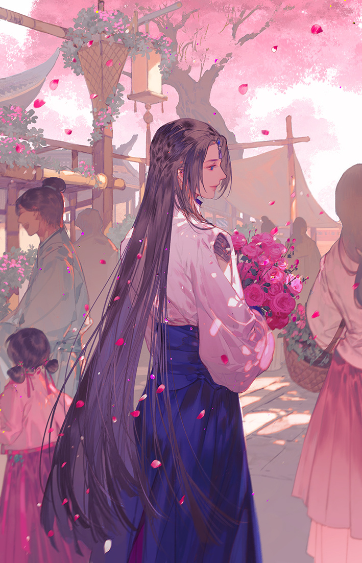 1boy 1girl blue_eyes bouquet brown_hair cherry_blossoms child closed_eyes dress falling falling_petals flower holding holding_bouquet holding_flower ibuki_satsuki japanese_clothes kimono lamp long_dress long_hair long_sleeves looking_to_the_side open_mouth original petals sidelocks smile solo traditional_clothes tree walking