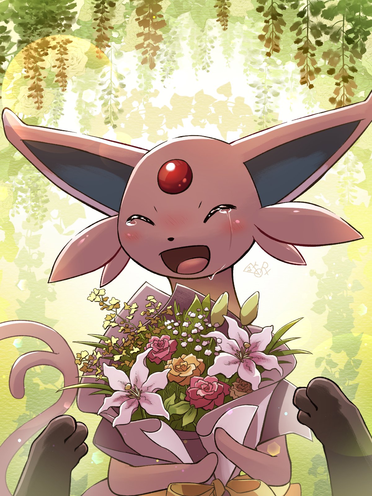 2022 3:4 black_nose black_paws blush bodily_fluids bouquet colored crying day digital_media_(artwork) digital_painting_(artwork) duo eeveelution espeon eyes_closed female_(lore) feral first_person_view floral floral_background flower flower_bouquet forked_tail fur fur_tuft generation_2_pokemon hakkentai_pkdn happy hi_res male_(lore) monotone_body nintendo open_mouth open_smile outside pink_body pink_ears pink_fur pink_tail plant pmd:_discovery_team_of_stars_and_souls pokemon pokemon_(species) pokemon_mystery_dungeon quadruped red_gem shadow signature smile tail tears tears_of_joy tongue tuft umbreon unusual_anatomy unusual_tail