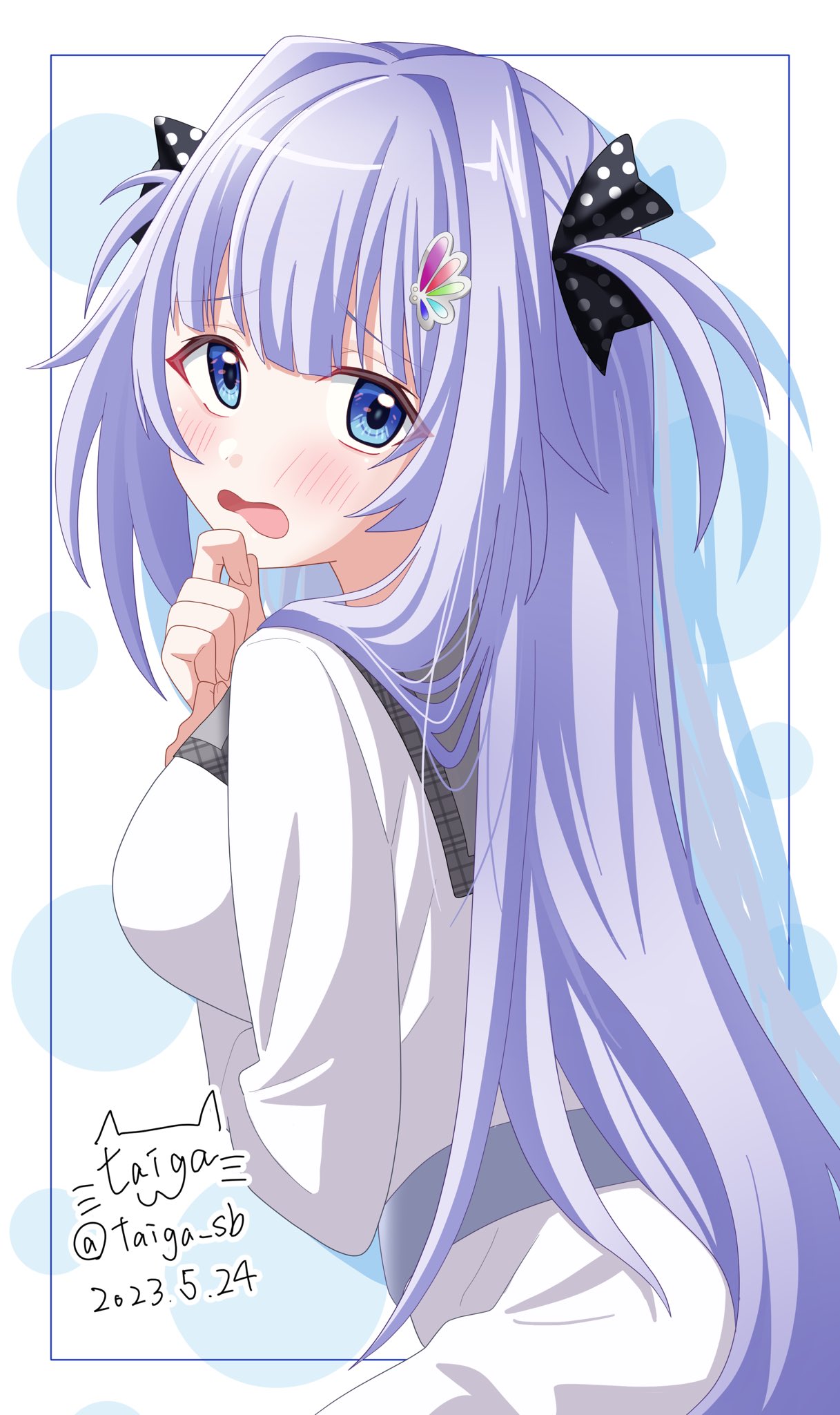 1girl 2023 9-nine- black_bow blue_eyes blunt_bangs blush bow breasts butterfly_hair_ornament commentary_request dated dress eyelashes eyes_visible_through_hair from_side frown furrowed_brow hair_bow hair_intakes hair_ornament hair_over_shoulder hand_up highres kousaka_haruka large_breasts long_hair long_sleeves looking_at_viewer looking_back open_mouth polka_dot polka_dot_bow purple_hair school_uniform shy signature simple_background solo taiga_sb twitter_username two_side_up upper_body very_long_hair white_background white_dress