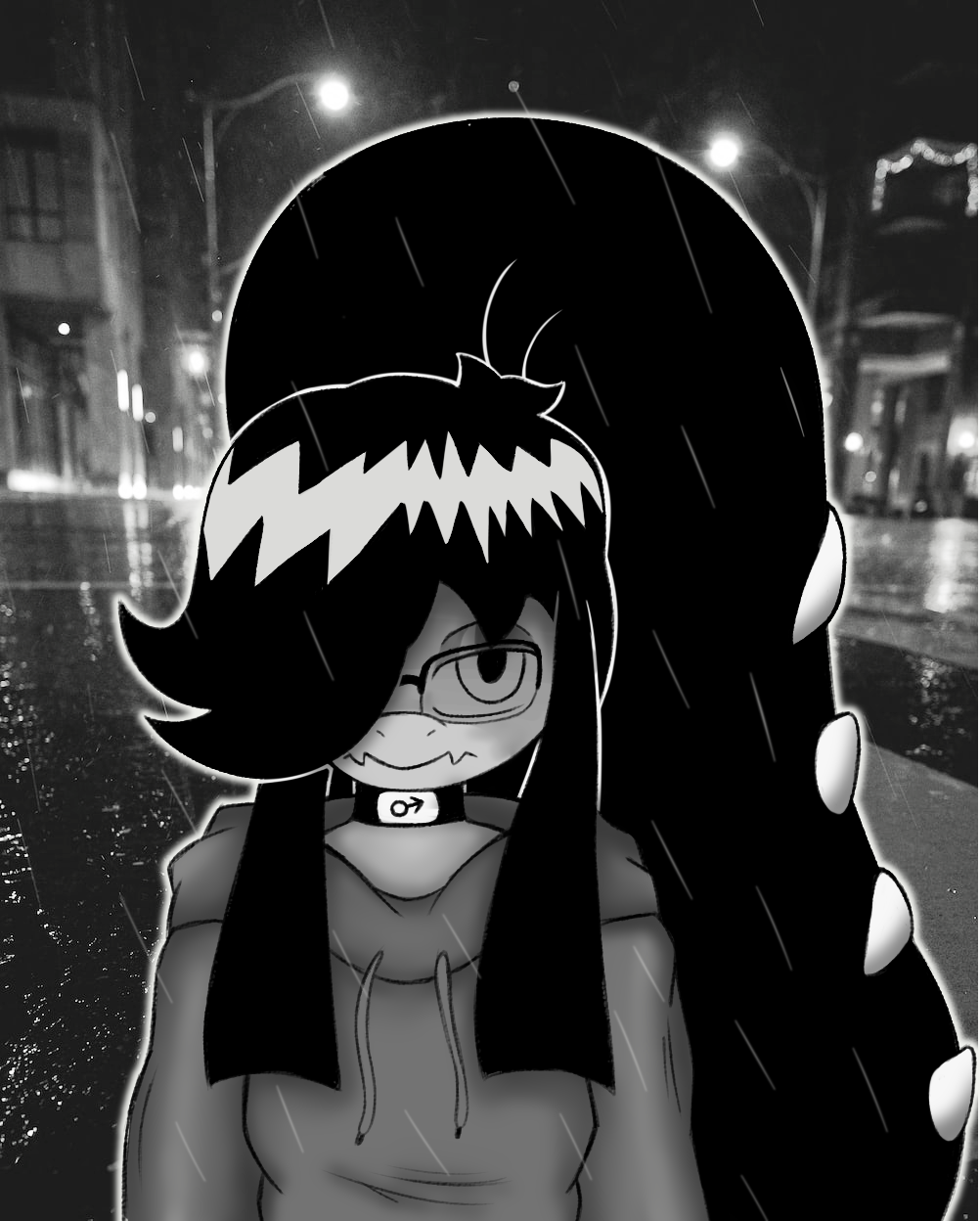 2_mouths anthro choker clothing depression eyewear generation_3_pokemon glasses hi_res hoodie jewelry looking_at_viewer male mawile mhicky93 mhicky_(mhicky93) monochrome multi_mouth necklace nintendo one_eye_obstructed photo_background photography_(artwork) pokemon pokemon_(species) raining solo topwear