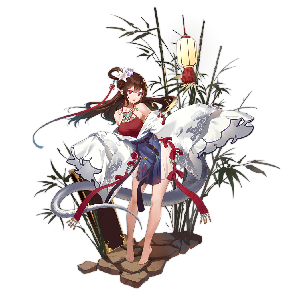 1girl bamboo bare_legs bare_shoulders barefoot black_panties breasts brown_hair dirt fangdan_runiu feet flower flower_request full_body girls'_frontline hair_flower hair_ornament halloween japanese_clothes jewelry js_9_(bamboo_forest_silver_scales)_(girls'_frontline) js_9_(girls'_frontline) kimono lantern large_breasts long_hair looking_at_viewer necklace o-ring official_alternate_costume official_art open_mouth panties paper_lantern pointy_ears red_eyes red_shirt see-through see-through_skirt shirt side-tie_panties simple_background skirt sleeves_past_fingers sleeves_past_wrists smile snake_tail solo standing tail third-party_source toes topknot transparent_background underwear very_long_hair very_long_tail weapon_case white_kimono white_tail wide_sleeves