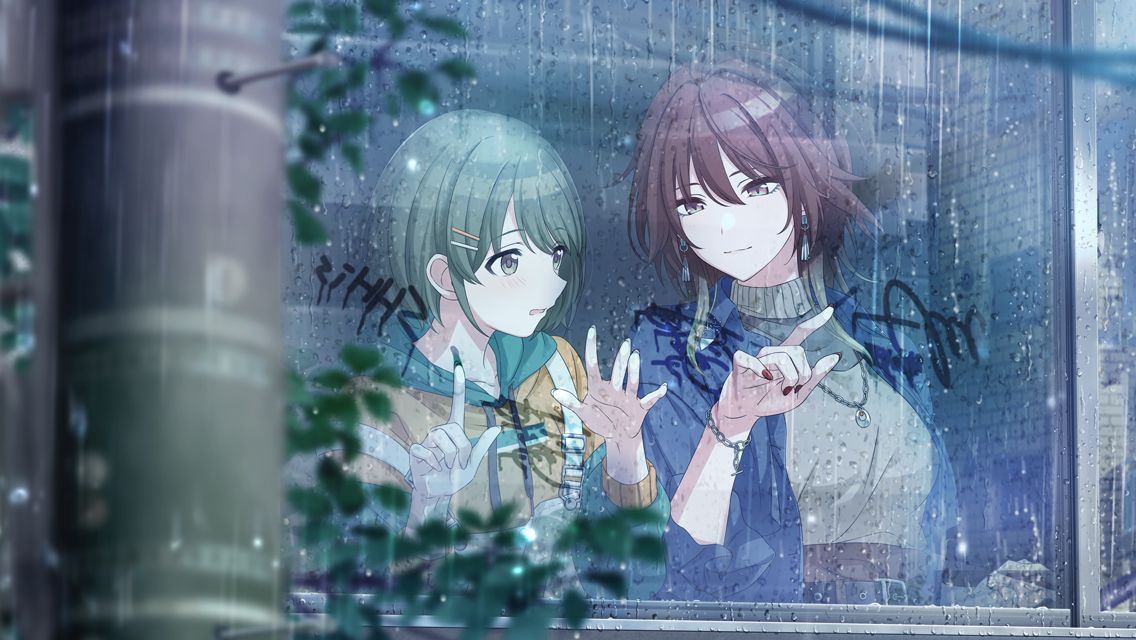 2girls aketa_mikoto belt blurry blurry_foreground bracelet brown_hair condensation finger_writing from_outside glass_writing green_hair hair_between_eyes hair_ornament hairclip hand_on_glass high-waist_skirt hood hoodie idolmaster idolmaster_shiny_colors indoors jewelry medium_hair multiple_girls nanakusa_nichika official_art open_mouth parted_bangs rain red_nails reflection shhis_(idolmaster) short_hair signature skirt smile sweater tree turtleneck turtleneck_sweater window window_fog