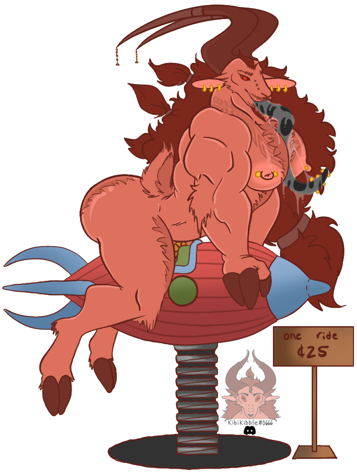 accessory big_breasts big_butt big_pecs bodily_fluids body_hair bovid breasts butt butt_hair caprine caprine_demon chest_hair demon ear_piercing floppy_ears glistening glistening_body glistening_skin goat goat_demon hair_accessory hairy_arms hairy_legs head_tuft hooves horn kelwin kibikibble male mammal muscular muscular_male nipple_piercing nipples pecs piercing riding rocket saliva saliva_on_tongue saliva_string smile solo tail tattoo thick_thighs tongue tongue_out tuft