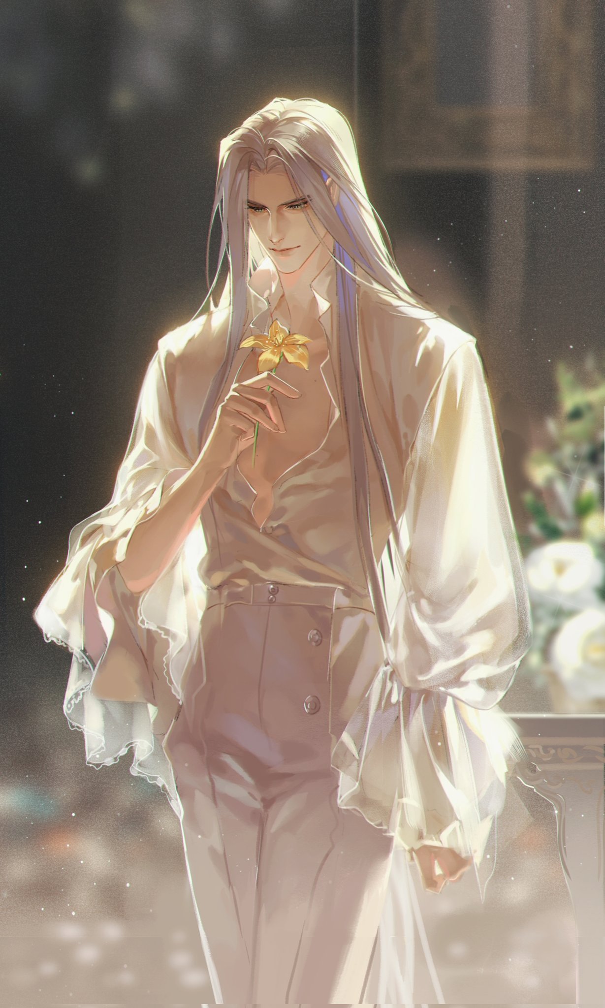 1boy alternate_costume blurry blurry_background bouquet buttons chinese_commentary collared_shirt cuntouxiaoyeju expressionless final_fantasy final_fantasy_vii flower frilled_shirt frills grey_hair high-waist_pants highres holding holding_flower indoors lace-trimmed_shirt lace_trim light_particles long_hair looking_down male_focus morning open_clothes open_shirt pants picture_frame puffy_sleeves sephiroth shirt solo standing white_pants white_shirt yellow_flower