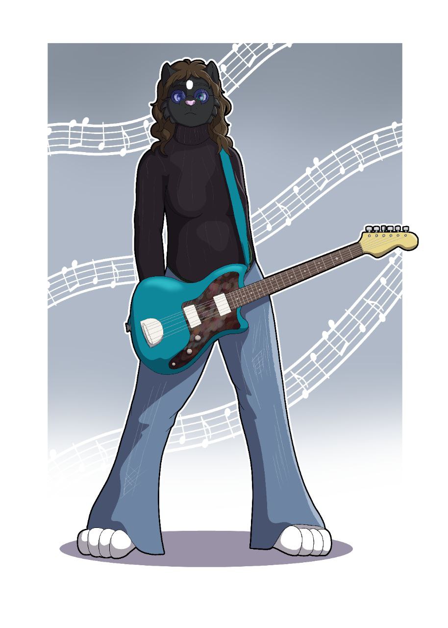 anthro black_body black_clothing black_fur blue_eyes bottomwear brown_hair clothed clothing denim denim_bottomwear denim_clothing domestic_cat felid feline felis female fully_clothed fur green_eyes guitar hair heterochromia hi_res jeans mammal musical_instrument musician pants plucked_string_instrument rutan_qilin simple_background solo string_instrument white_body white_fur willow_(spring_grove)