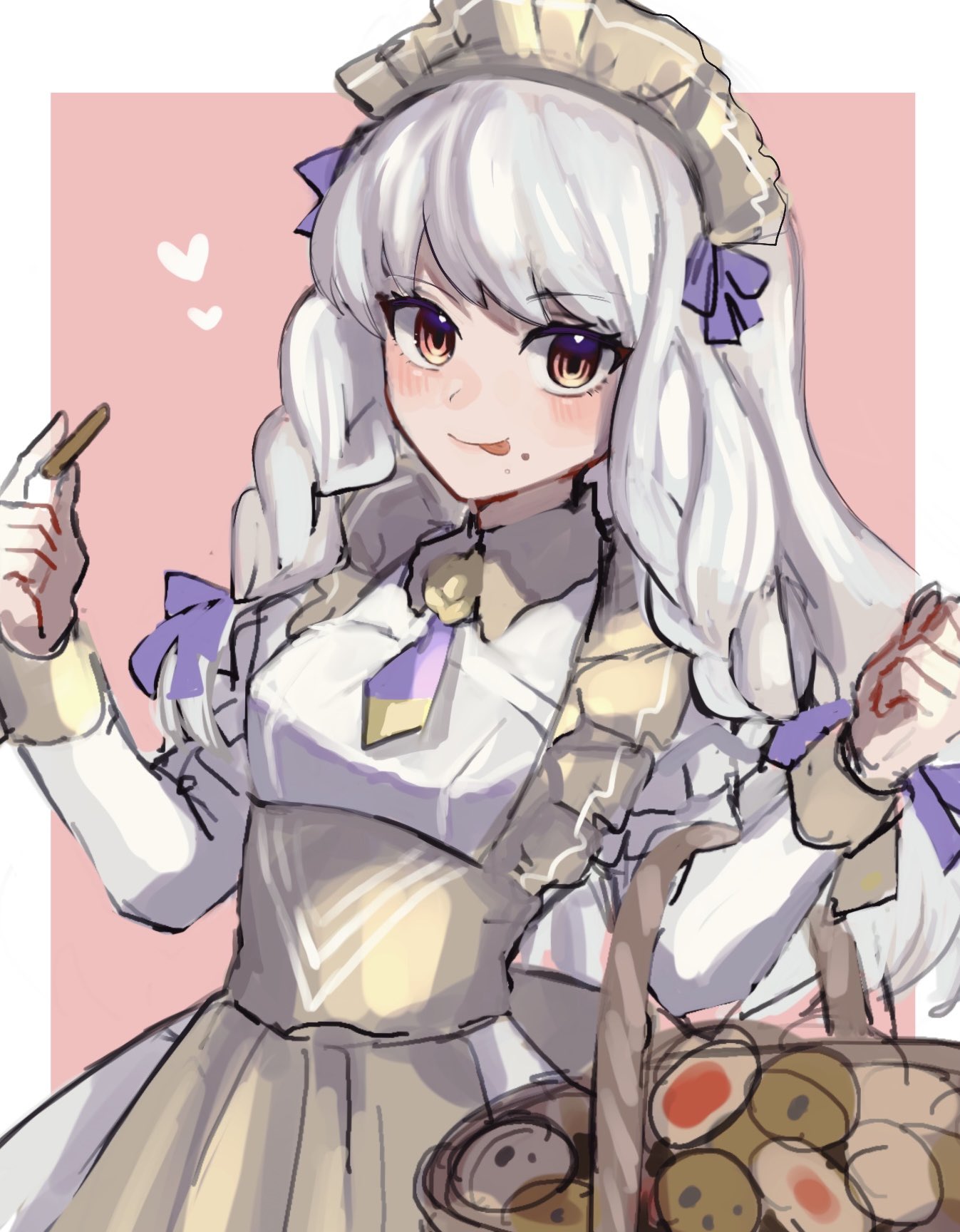 1girl :p apron blush braid fire_emblem fire_emblem:_three_houses fire_emblem_heroes frills highres leon0630claude licking licking_lips long_hair long_sleeves looking_at_viewer lysithea_von_ordelia maid maid_apron maid_headdress official_alternate_costume official_alternate_hairstyle picnic picnic_basket side_braids smile solo tongue tongue_out twin_braids waist_apron white_hair