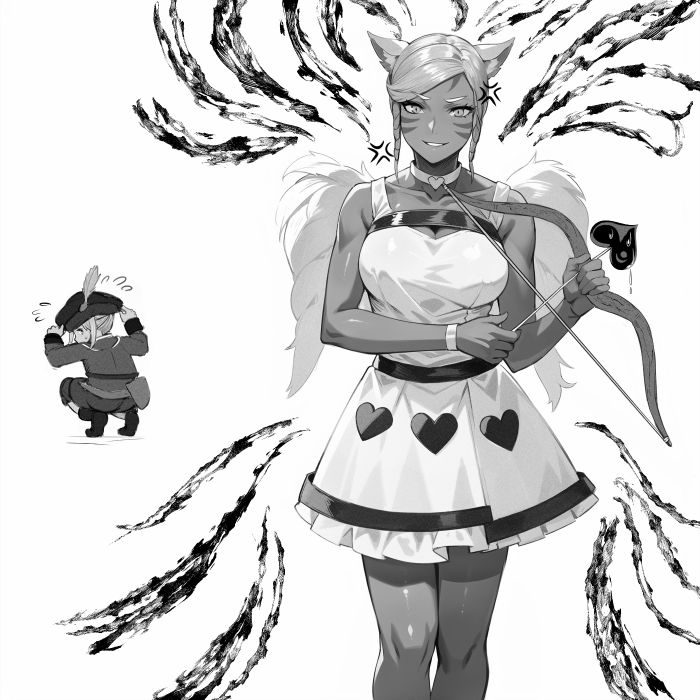 2girls anger_vein animal_ears arrow_(projectile) bow_(weapon) bracelet breasts cat_ears choker dark-skinned_female dark_skin english_commentary feathered_wings final_fantasy final_fantasy_xiv greyscale hat jamjamstyle jewelry large_breasts looking_at_viewer monochrome multiple_girls short_hair squatting tataru_taru weapon wings y'mhitra_rhul