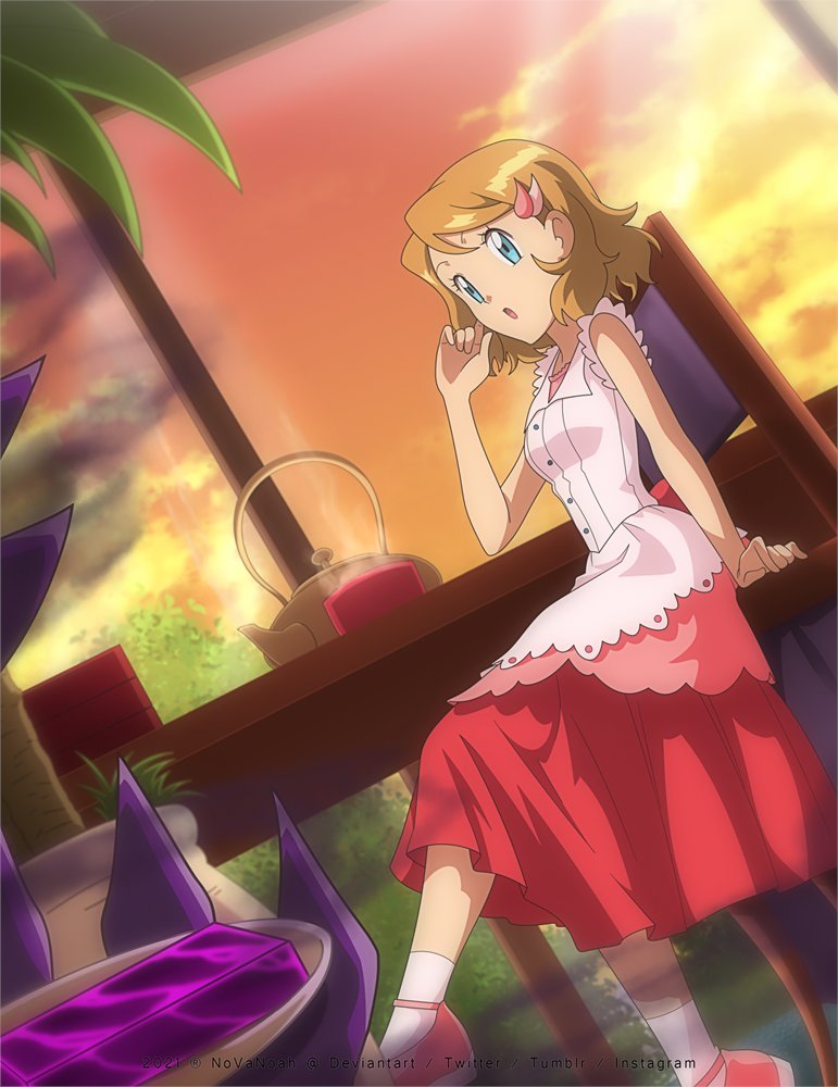 1girl :o aqua_eyes arm_support bare_arms blonde_hair chair cup eyelashes from_below hair_ornament hand_up medium_hair mixed-language_commentary noelia_ponce open_mouth pink_footwear pleated_skirt pokemon pokemon_(anime) pokemon_xy_(anime) red_skirt serena_(pokemon) shirt shoes sitting skirt sleeveless sleeveless_shirt socks solo steam table teapot twilight watermark white_socks