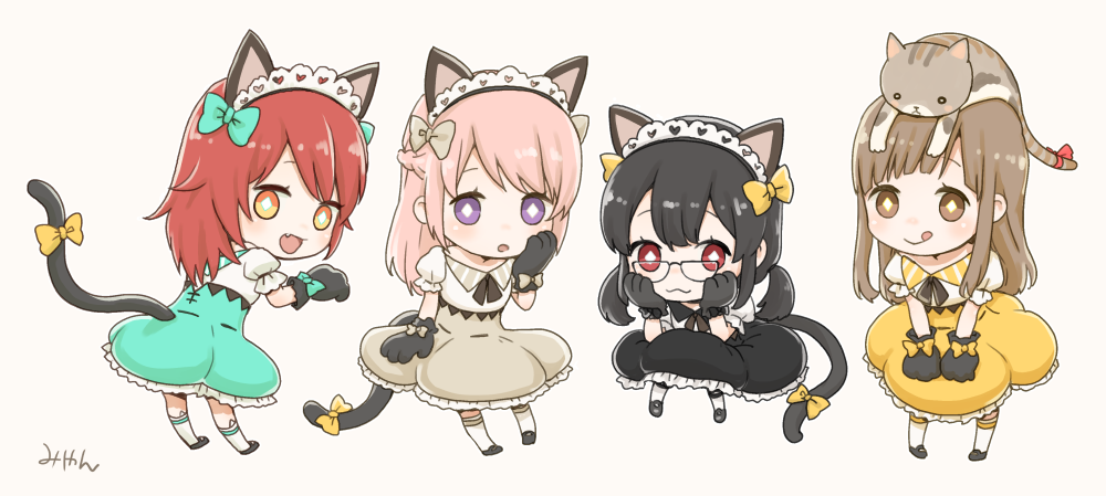 4girls :3 :d :q animal_ears animal_hands animal_on_head black_gloves black_hair black_skirt blue_bow blue_skirt blunt_bangs blush bow brown_background brown_bow brown_cat brown_eyes brown_hair brown_skirt cat cat_ears cat_on_head cat_tail character_request chibi closed_mouth commentary_request diamond-shaped_pupils diamond_(shape) expressionless fake_animal_ears fake_tail fang frilled_skirt frills full_body glasses glove_bow gloves hair_bow hand_on_own_face hands_on_own_face headdress leaning_forward long_hair looking_at_viewer looking_back low_twintails medium_bangs miyan_(shamigame) multiple_girls on_head open_mouth orange_eyes paw_gloves pink_hair puffy_short_sleeves puffy_sleeves purple_eyes ragnarok_masters ragnarok_online red_eyes red_hair shirt short_hair short_sleeves short_twintails sidelocks simple_background skirt smile socks symbol-shaped_pupils tail tail_bow tail_ornament tongue tongue_out twintails white_shirt white_socks yellow_bow yellow_skirt