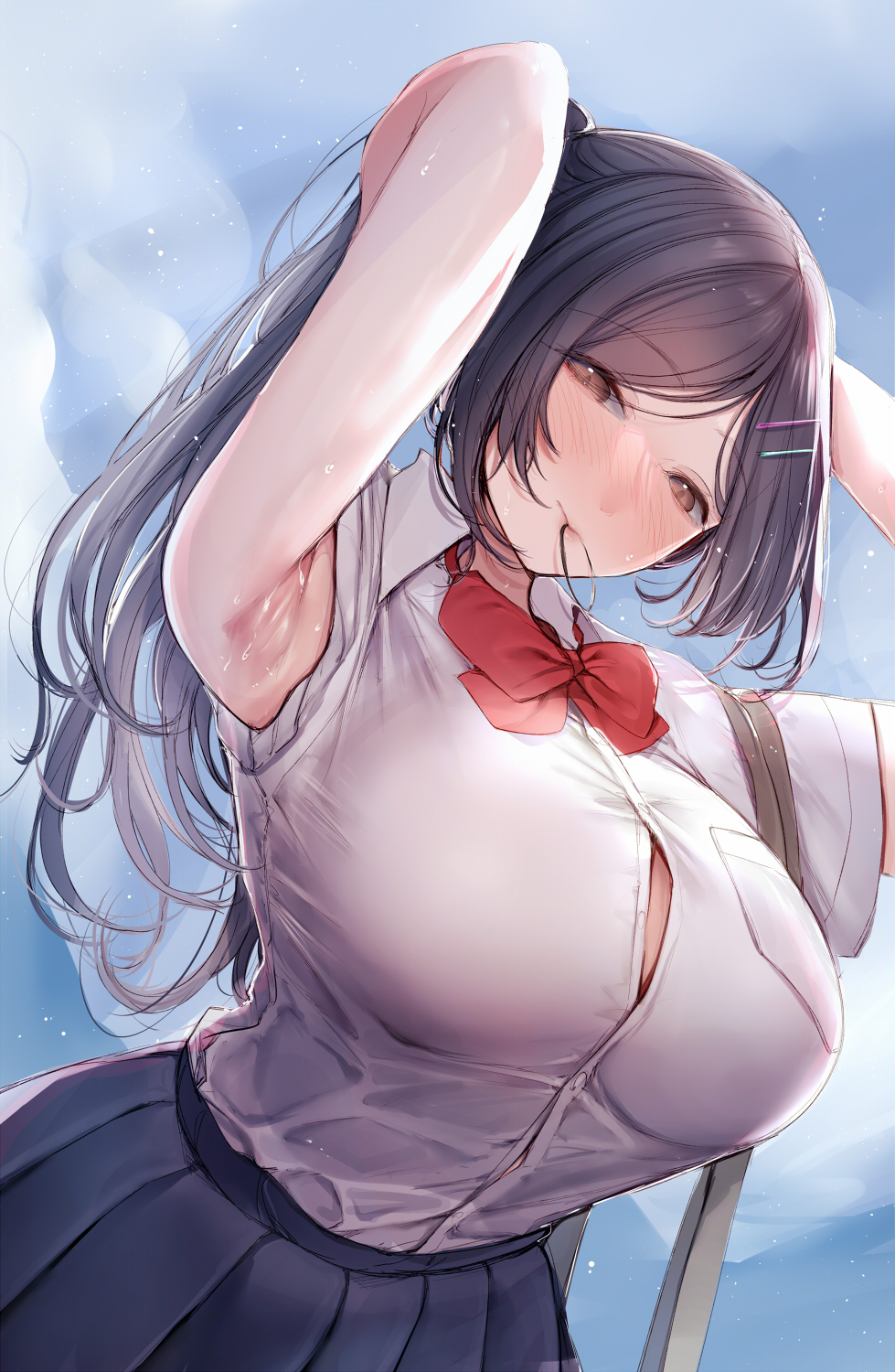 1girl amane_ruri armpits arms_up black_hair bow bowtie breasts brown_eyes button_gap collared_shirt hair_ornament hairclip highres large_breasts long_hair looking_at_viewer miniskirt original outdoors pleated_skirt ponytail red_bow red_bowtie school_uniform shirt shirt_tucked_in skirt solo tying_hair uniform upper_body