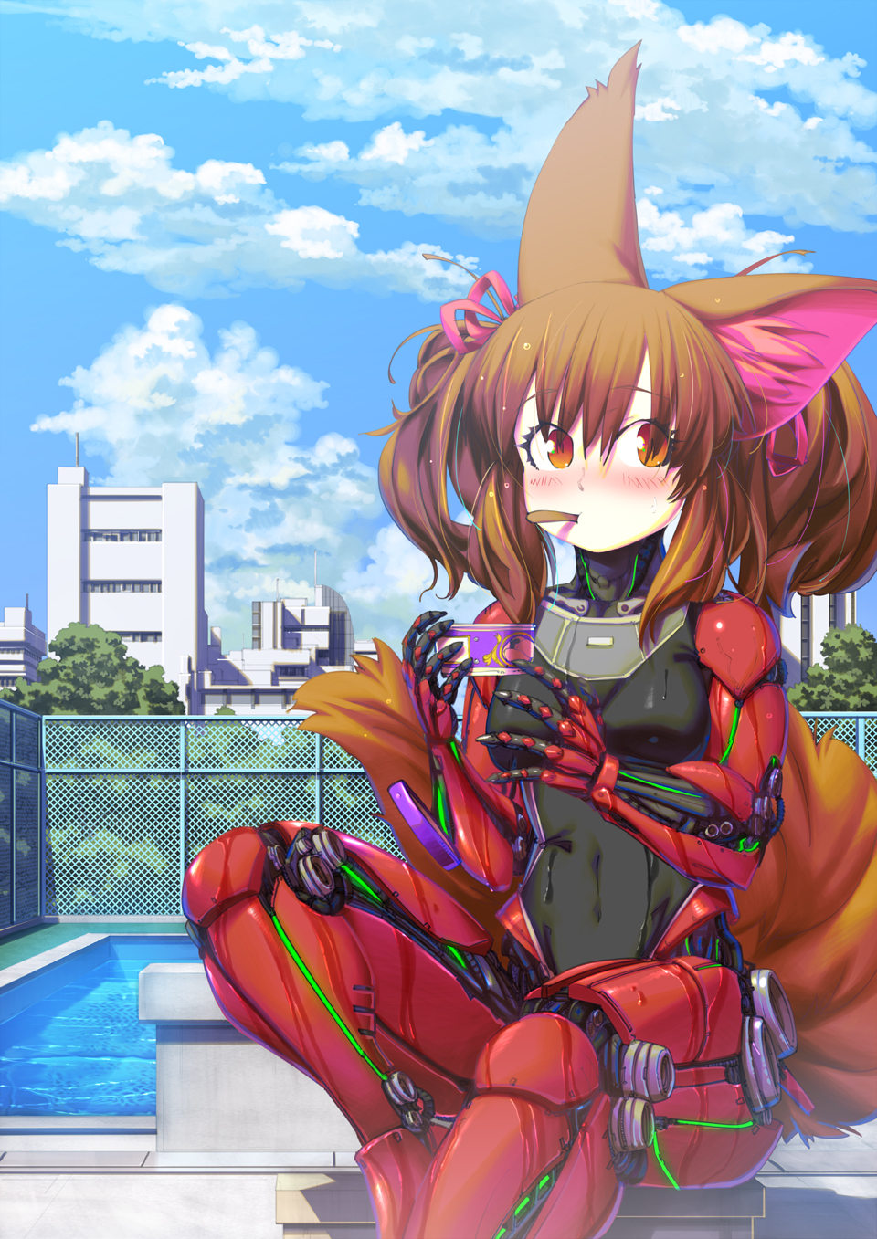 1girl animal_ear_fluff animal_ears blue_sky blush brown_hair commission competition_swimsuit cyborg eating food fox_ears fox_girl fox_tail highres ice_cream meiz one-piece_swimsuit orange_eyes original pixiv_commission sitting sky swimsuit tail wet