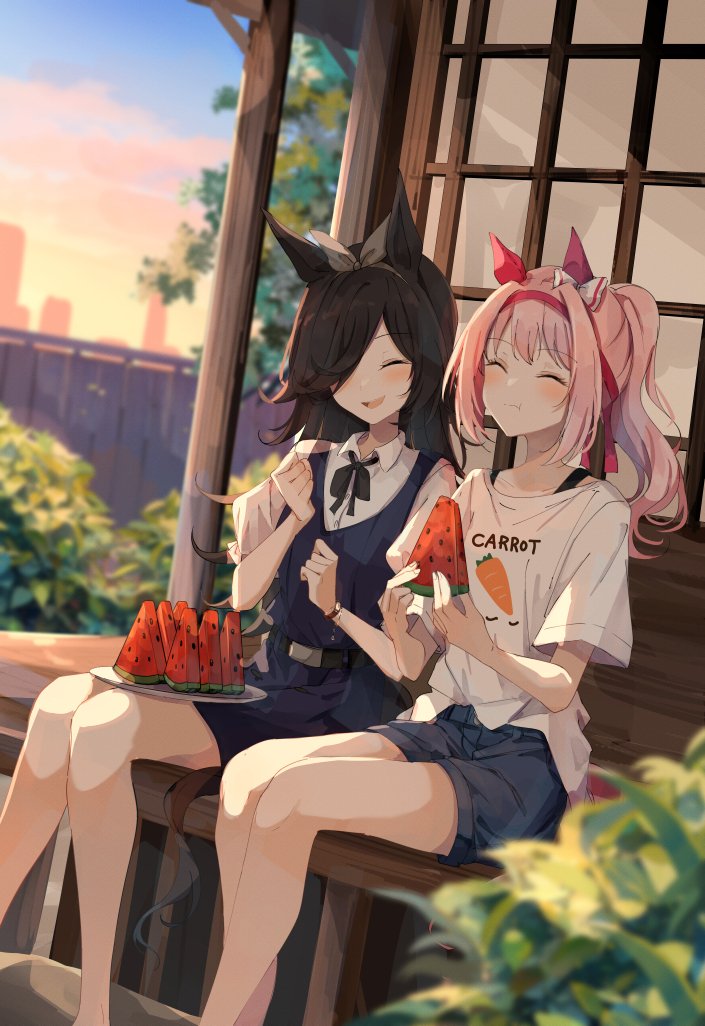 2girls ^_^ alternate_costume animal_ears belt black_bow black_bowtie black_hair blue_dress blue_shorts blurry blurry_foreground blush bow bow_hairband bowtie bush casual closed_eyes closed_mouth collared_shirt dress eating feet_out_of_frame fence food fruit hair_over_one_eye hairband haru_urara_(umamusume) holding holding_clothes holding_footwear horse_ears long_hair multiple_girls ninjin_nouka open_mouth outdoors pink_hair plate ponytail rice_shower_(umamusume) shirt short_sleeves shorts shouji sitting sliding_doors smile sunset umamusume veranda watermelon watermelon_slice white_shirt