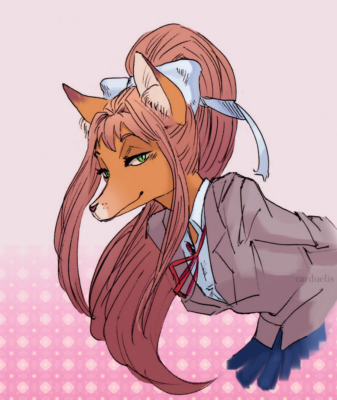 2018 abstract_background accessory alternate_species anthro blue_bottomwear blue_clothing blue_skirt bottomwear bow_ribbon canid canine carduelis clothed clothing dipstick_ears doki_doki_literature_club! dress_shirt eyebrows female fox fur furrification green_eyes grey_clothing grey_shirt grey_topwear hair hair_accessory hair_bow hair_ribbon half-closed_eyes hi_res mammal monika_(doki_doki_literature_club!) multicolored_ears narrowed_eyes pink_hair red_body red_fur red_hair ribbons shirt skirt topwear white_clothing white_shirt white_topwear