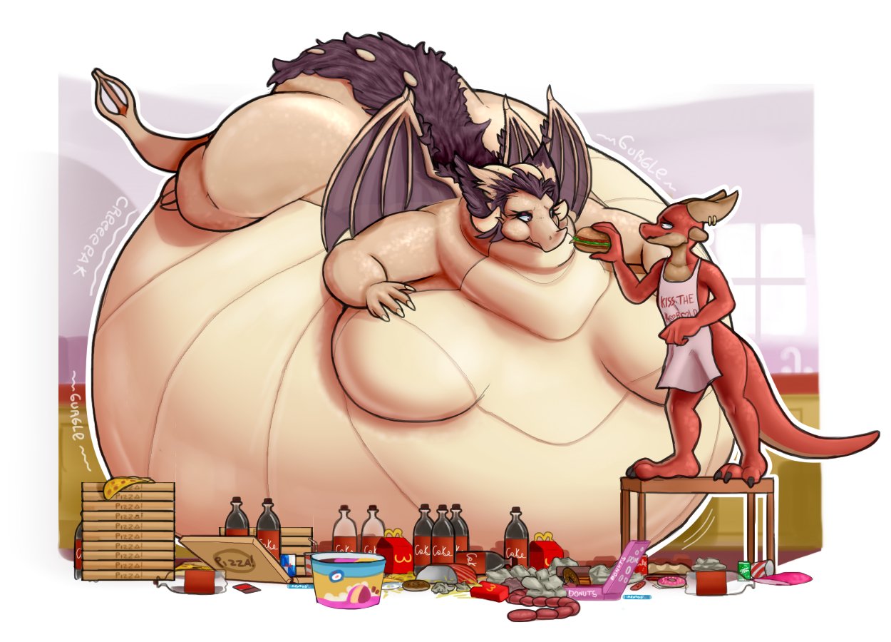 anthro beverage big_breasts breasts dessert doughnut dragon duo featureless_breasts feeding female food horn huge_breasts hyper hyper_breasts ice_cream immobile kobold larger_female lazygartuz male mcdonald's meat motion_lines pizza red_body sausage sausage_link scalie size_difference smaller_male soda soda_bottle sound_effects stuffing tan_body text unknown_character wings