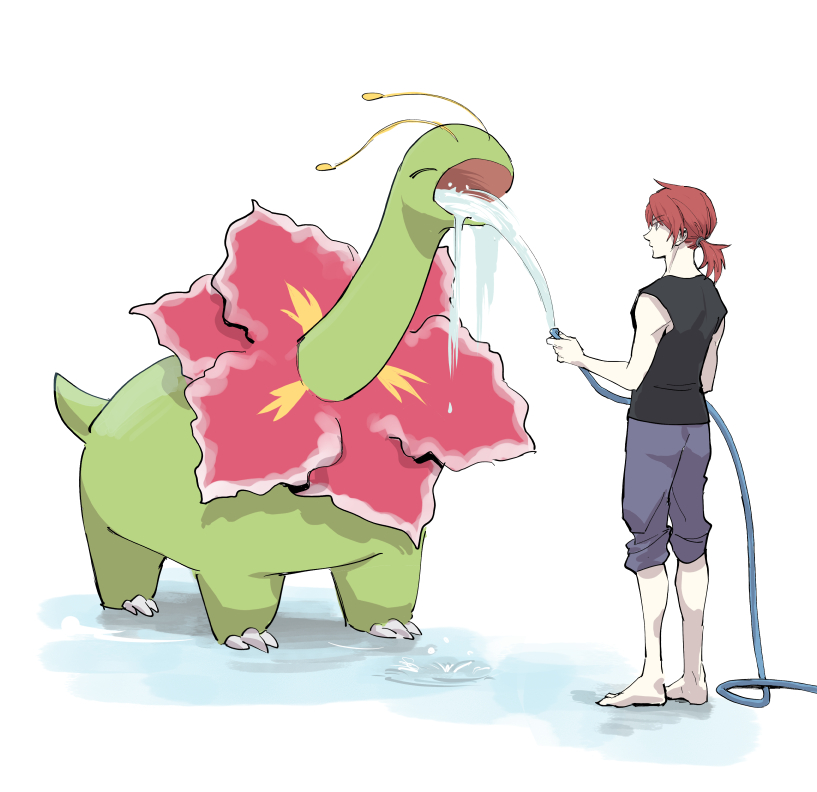 1boy bare_arms black_shirt claws commentary_request cowlick drinking feeding grey_pants holding holding_hose hose male_focus meganium monji_samonji pants pants_rolled_up pokemon pokemon_(creature) pokemon_(game) pokemon_hgss ponytail red_hair shirt silver_(pokemon) sleeveless sleeveless_shirt standing water white_background