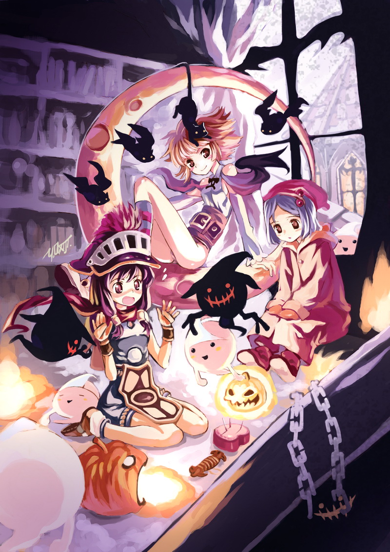 3girls animal_on_head armor bat_(animal) black_cat blonde_hair blush breastplate breasts brown_eyes brown_footwear brown_gloves cat cat_on_head chain closed_mouth commentary_request crescent_moon detached_sleeves flat_chest full_body ghost gloves indoors jack-o'-lantern loli_ruri lude_(ragnarok_online) medium_bangs medium_hair moon multiple_girls novice_(ragnarok_online) okishiji_en on_crescent on_head open_mouth purple_hair quve_(ragnarok_online) ragnarok_online red_socks shirt shoes short_hair signature sleeveless sleeveless_shirt small_breasts smile socks striped striped_socks white_shirt white_sleeves window