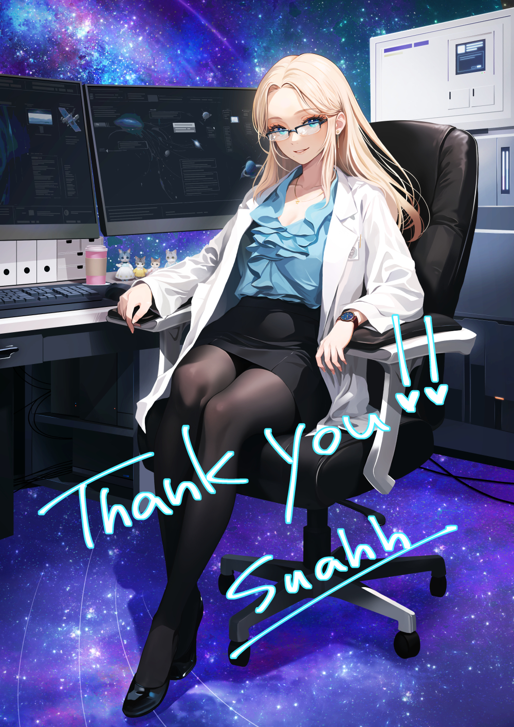 1girl artist_name black-framed_eyewear black_footwear black_pantyhose black_skirt blonde_hair blue_eyes blue_shirt breasts chair cleavage coat collarbone commentary commission computer cup disposable_cup drink earrings english_commentary english_text eyelashes figure fine_fabric_emphasis forehead frilled_shirt frills galaxy glasses happy highres jewelry keyboard_(computer) legs legs_together long_hair long_sleeves looking_at_viewer miniskirt mixed-language_commentary monitor necklace office_chair on_chair open_clothes open_coat original outdoors pantyhose parted_lips pencil_skirt semi-rimless_eyewear shirt shirt_tucked_in shoes sidelocks signature sitting skeb_commission skirt small_breasts smile solo space star_(sky) suahh swivel_chair text_focus thank_you watch white_coat wristwatch