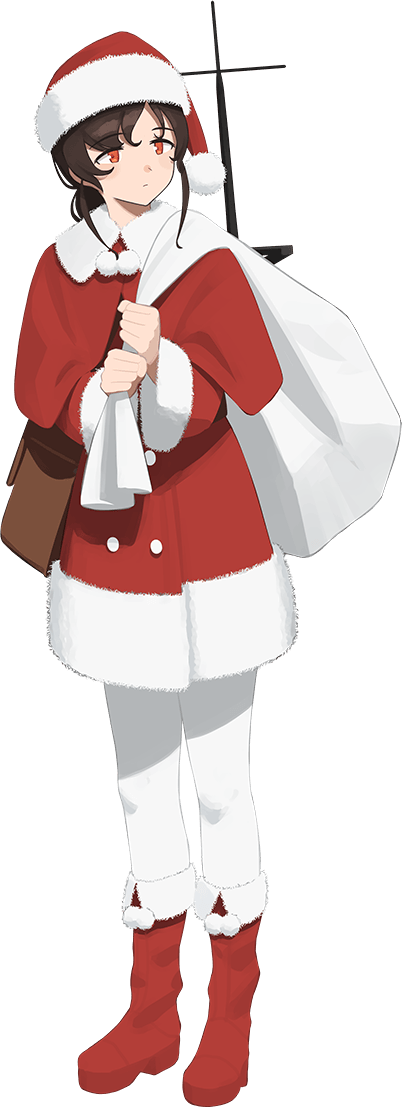 1girl bag boots braid brown_hair dress full_body fur-trimmed_boots fur-trimmed_dress fur-trimmed_headwear fur_trim hat kantai_collection long_hair looking_to_the_side machinery messenger_bag official_alternate_costume official_art orange_eyes red_dress red_footwear red_headwear sack santa_costume santa_hat shibafu_(glock23) shoulder_bag single_braid solo souya_(kancolle) third-party_source transparent_background