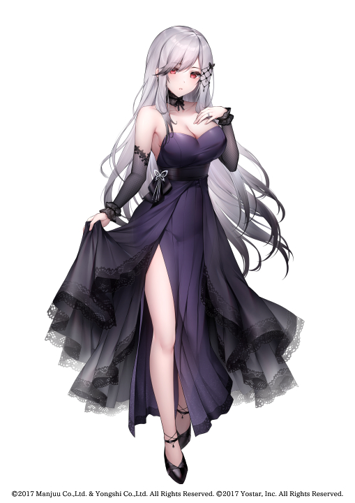 1girl azur_lane black_hair blush breasts butterfly_hair_ornament choker cleavage detached_sleeves dress dunkerque_(azur_lane) gradient_hair grey_hair hair_ornament large_breasts long_hair looking_at_viewer multicolored_hair official_art oyuwari red_eyes sidelocks solo thighs very_long_hair white_background