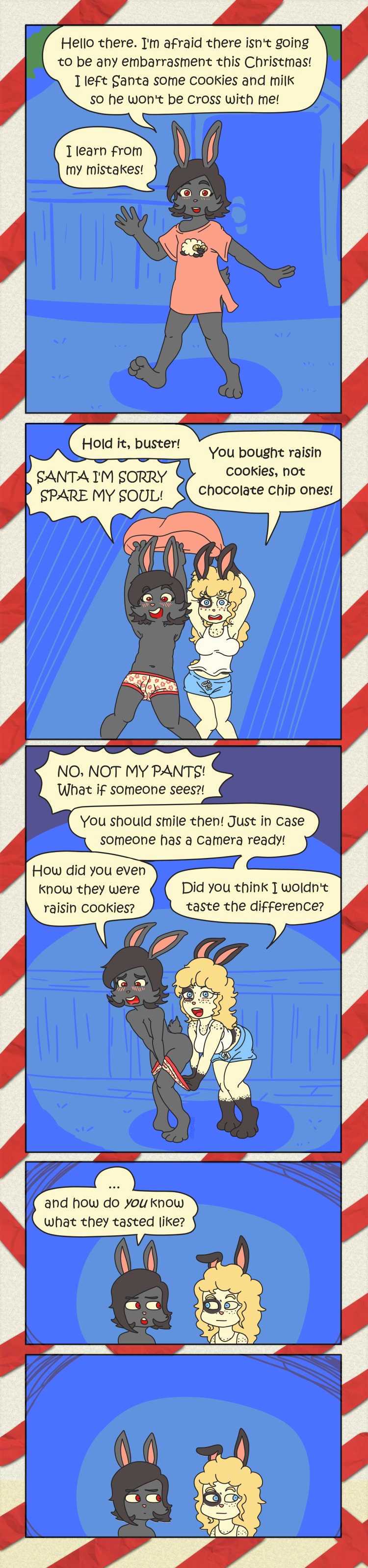 2021 absurd_res anthro assisted_exposure bisonvega black_hair blue_bottomwear blue_clothing blue_shorts blush blush_lines bottomwear bunny_boy_(bisonvega) christmas clothed clothing colored_seam_underwear comic cousin_bunny_(bisonvega) cousins_(lore) dialogue duo english_text female fur grey_body grey_fur grey_tail hair hi_res holidays lagomorph leporid long_image looking_away male mammal pantsing partially_clothed patterned_underwear pink_clothing pink_shirt pink_topwear rabbit red_seam_underwear shirt shirt_removed shirtless shorts speech_bubble stare tail tall_image tan_body tan_fur tank_top text topwear underwear underwear_down underwear_only white_clothing white_shirt white_tank_top white_topwear yellow_tail young