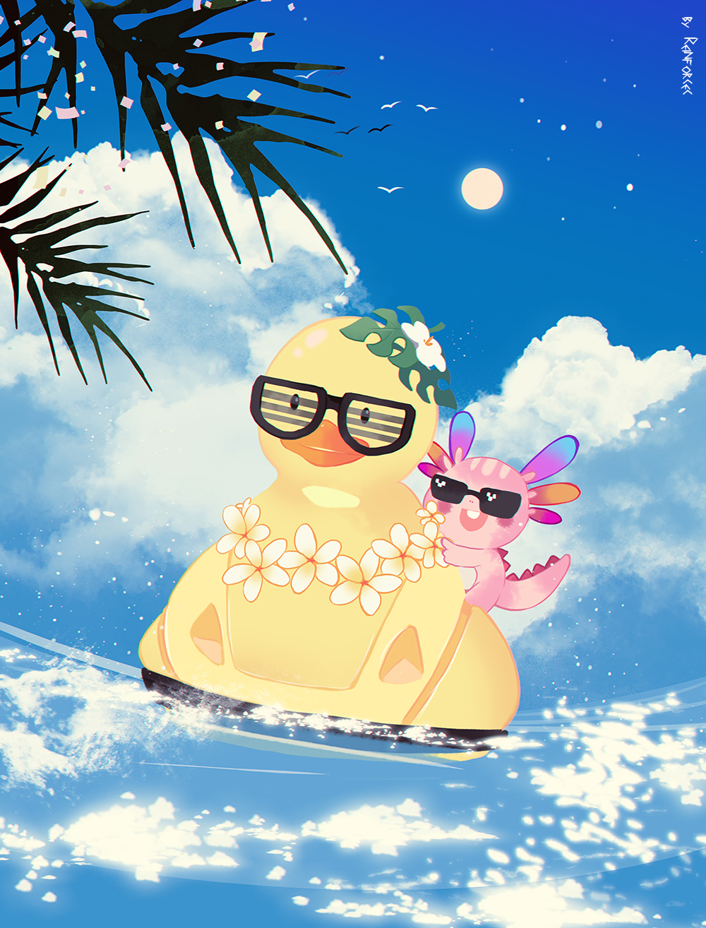 afloat artist_name blue_sky branch cloud cloudy_sky full_moon highres mabinogi moon mouse no_humans ocean outdoors reflection reflective_water reinforced rubber_duck scenery shutter_shades simple_bird sky sunglasses water