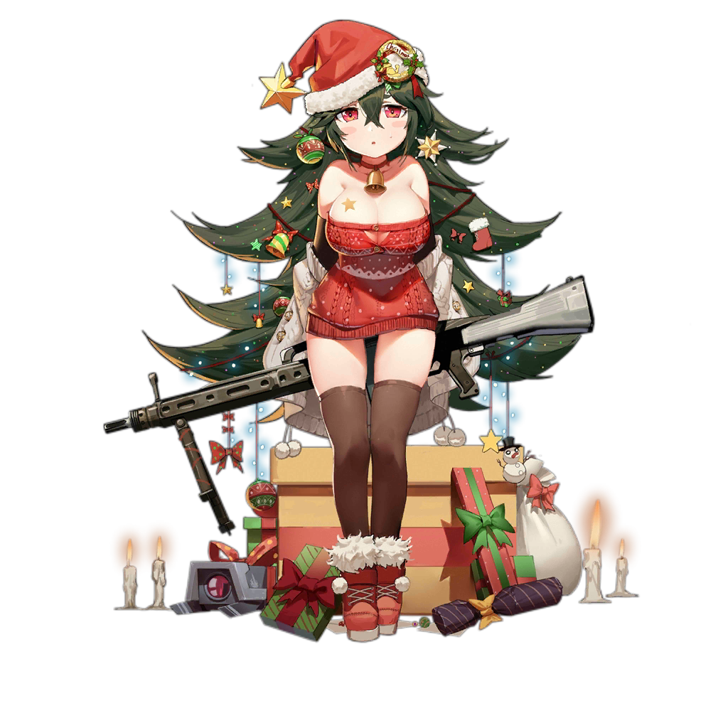 1girl ameli_(girls'_frontline) ameli_(little_gift_tree)_(girls'_frontline) bare_shoulders bell black_gloves blush_stickers boots bow box box_hair_ornament breasts brown_thighhighs candle cardboard_box cardigan cetme_ameli choker christmas christmas_ornaments christmas_star cleavage colored_shoe_soles crossed_bangs detached_sleeves dinergate_(girls'_frontline) elbow_gloves full_body fur-trimmed_boots fur_trim gift gift_bag gift_box girls'_frontline gloves green_hair hair_bell hair_bow hair_ornament hat large_breasts lit_candle long_hair looking_at_viewer multiple_hair_bows neck_bell non-humanoid_robot off_shoulder official_alternate_costume official_art parted_lips red_bow red_choker red_eyes red_footwear red_sweater robot sangvis_ferri santa_hat scope simple_background skindentation sleeveless sleeveless_sweater snowman solo standing star_(symbol) star_hair_ornament sweater thighhighs transparent_background very_long_hair waterkuma white_bag white_cardigan