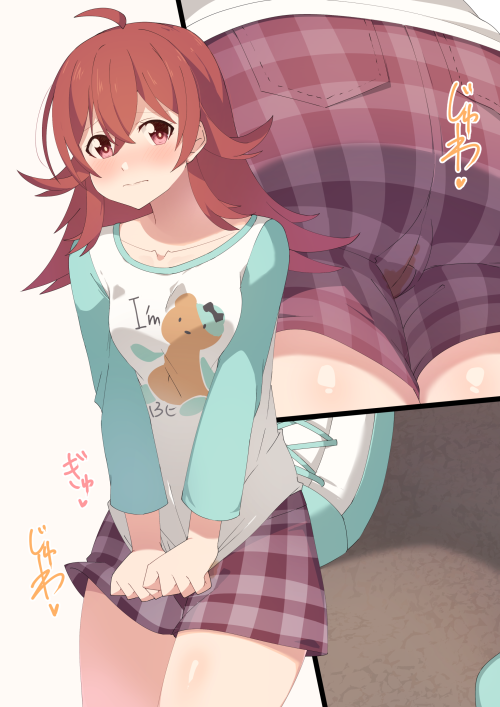 1girl ahoge animal_print ass blue_footwear blue_sleeves blush breasts close-up closed_mouth clothes_writing collarbone commentary_request cowboy_shot cross-laced_footwear crossed_bangs embarrassed english_text from_behind hair_between_eyes hair_flaps have_to_pee heart idolmaster idolmaster_shiny_colors komiya_kaho long_hair long_sleeves looking_at_viewer minamimachi_naname multiple_views nose_blush own_hands_together peeing peeing_self plaid plaid_shorts pocket raglan_sleeves red_eyes red_hair red_shorts shirt shirt_tug shoes short_shorts shorts sidelocks small_breasts split_mouth standing thighs translation_request v_arms wet wet_shorts white_shirt