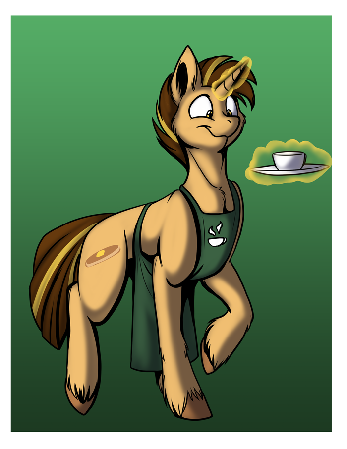 apron apron_only border brown_hair clothing container cup cutie_mark equid equine feral fetlocks flapjack_(goldfur) foxenawolf fur goldfur's_cogsverse gradient_background hair hasbro hooves horn levitation magic male mammal multicolored_hair my_little_pony simple_background solo tan_body tan_fur tea_cup teenager two_tone_hair unicorn white_border young