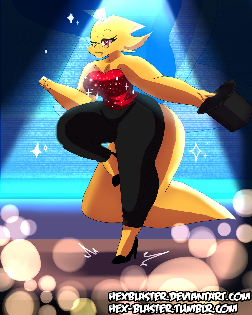 2017 4_fingers alphys alternate_universe anthro bent_leg big_breasts big_butt black_bottomwear black_clothing black_footwear black_hat black_headwear black_heels black_pants black_shoes black_top_hat bottomwear breasts butt cleavage clothed clothing curved_eyebrows curvy_figure cute_fangs dance_shoes dancewear dancing dinosaur eyelashes female fingers footwear hat headgear headwear hexblaster1 hi_res high_heels holding_clothing holding_hat holding_headgear holding_headwear holding_object impact_lines long_eyelashes looking_at_viewer non-mammal_breasts one_eye_closed orange_body orange_scales pants red_clothing red_eyes red_topwear reptile scales scalie shoes smile smiling_at_viewer solo sparkles spotlight tail tap_dancing tap_shoes thick_thighs top_hat topwear undertale_(series) wink winking_at_viewer