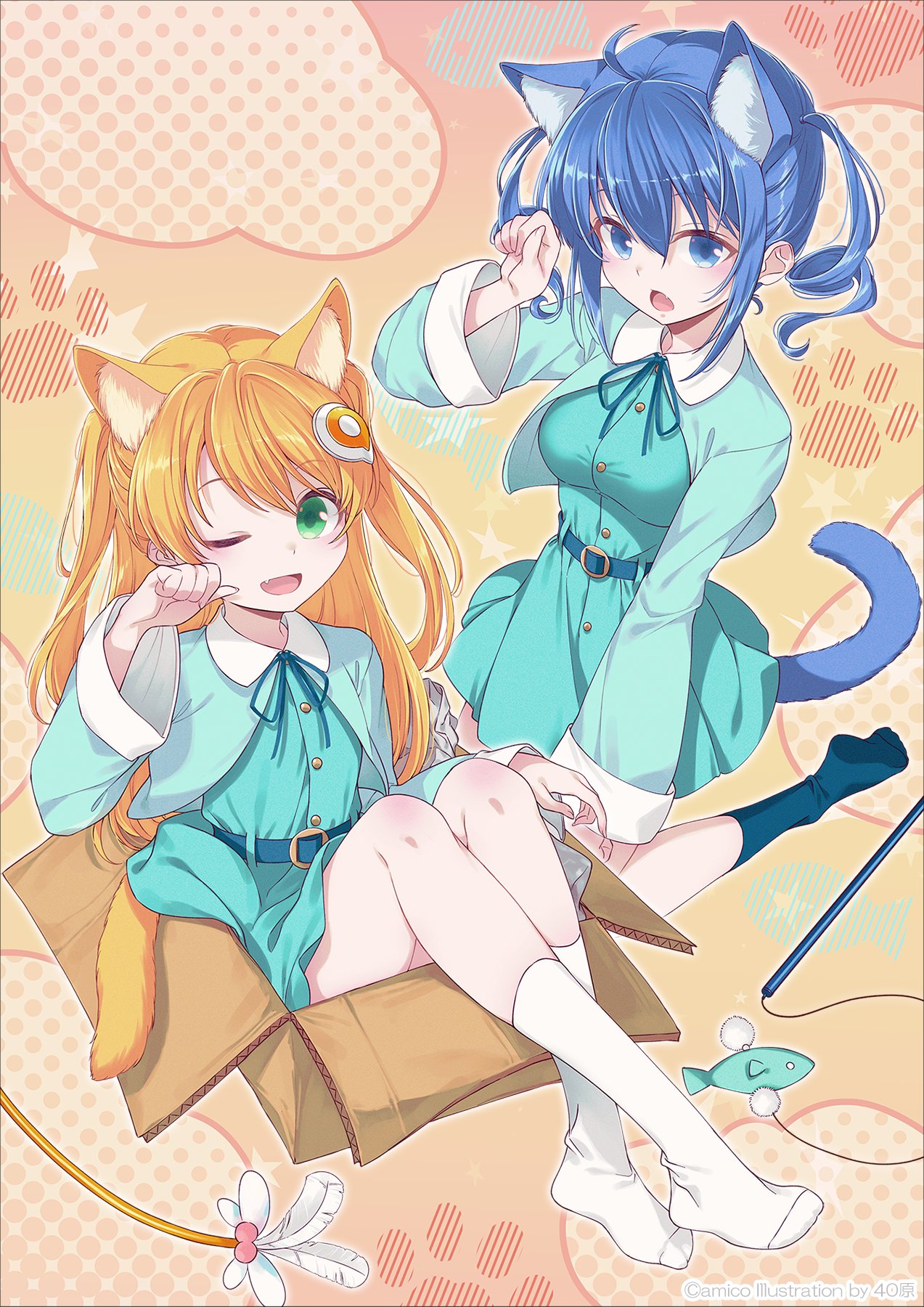 2girls 40hara ahoge amiami_(company) amico animal_ear_fluff animal_ears belt black_socks blue_eyes blue_hair box cat_ears cat_girl cat_tail cat_teaser drill_hair fang green_eyes highres in_box in_container kneehighs kneeling lilco long_hair multiple_girls official_art one_eye_closed orange_hair paw_pose sitting socks tail two_side_up white_socks