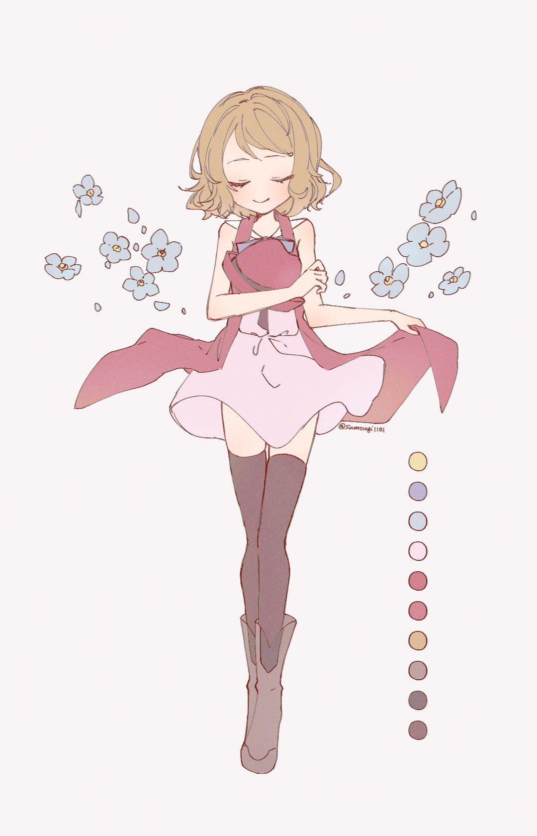 1girl blonde_hair boots brown_footwear brown_thighhighs closed_eyes closed_mouth color_guide commentary_request dress eyelashes flower full_body hat hat_removed headwear_removed highres medium_hair petals pink_dress pokemon pokemon_(anime) pokemon_xy_(anime) serena_(pokemon) simple_background smile solo sumeragi1101 thighhighs white_background