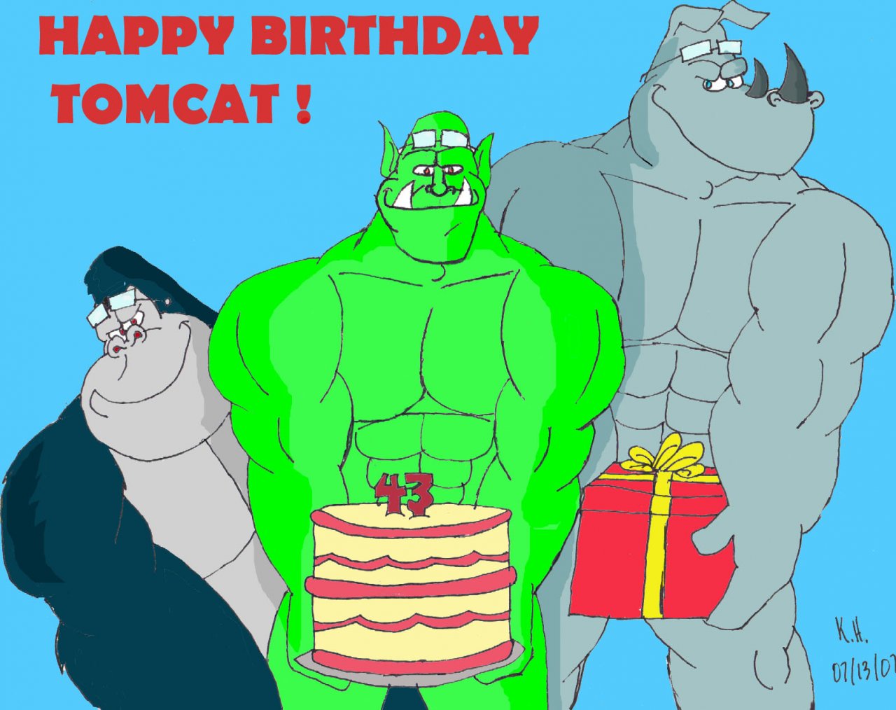 2007 abs anthro ape birthday_cake black_body black_fur bruno_rhynox cake censored creative_censorship dessert english_text eyewear facial_horn food fur gift_box glasses gor_(tomcat) gorilla green_body green_skin grey_body grey_skin group haplorhine horn humanoid konanarillah male mammal marker_(artwork) muscular muscular_anthro muscular_male nose_horn nude orc pecs primate rhinoceros signature text traditional_media_(artwork) trassk trio tusks