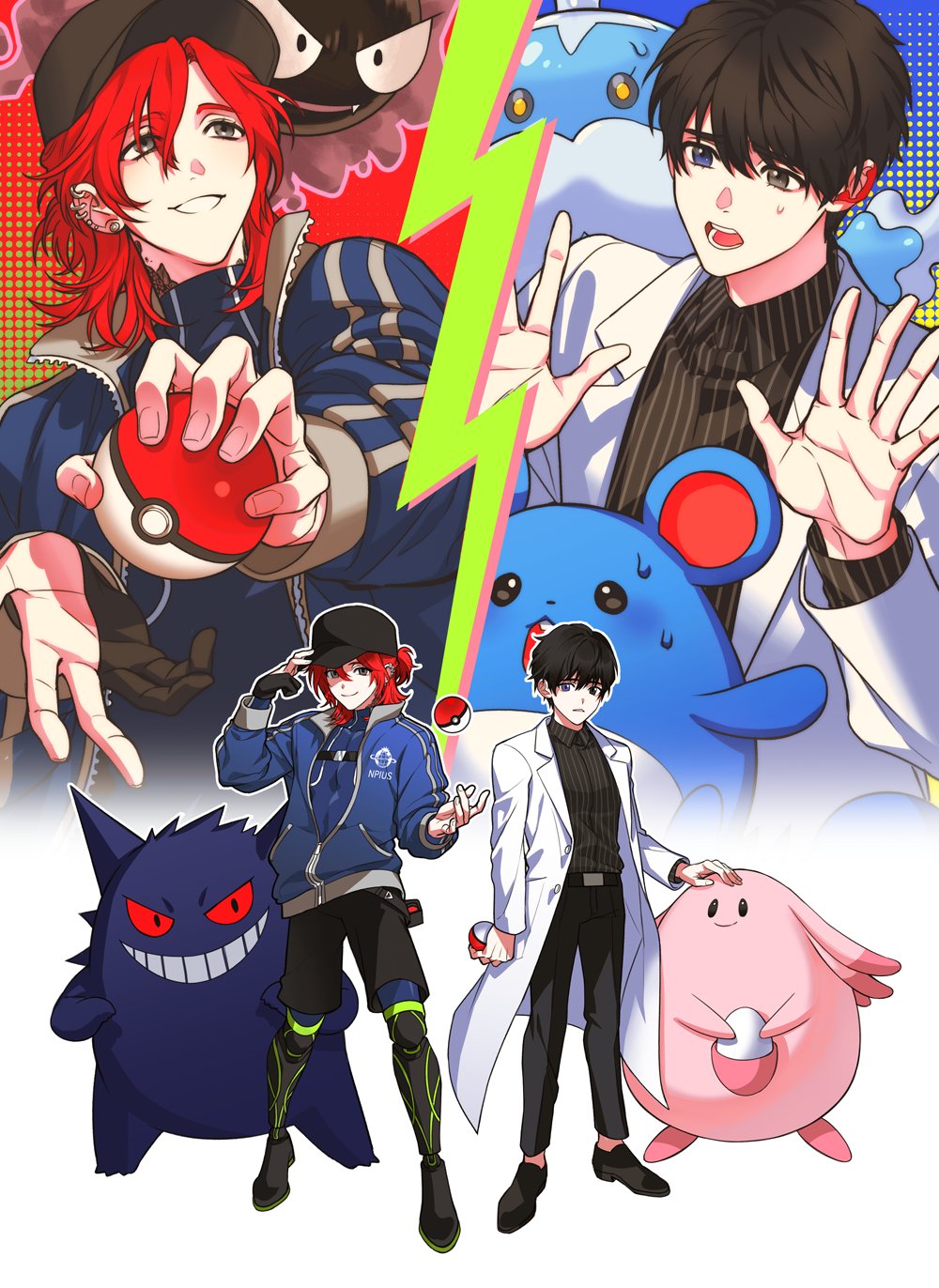 2boys baseball_cap black_footwear black_headwear black_pants black_shirt black_shorts blue_eyes blue_jacket chansey collared_shirt commentary_request crossover ear_piercing earrings eoduun_badaui_deungbul-i_doeeo full_body gastly gengar grey_eyes hand_on_another's_head hands_up hat heterochromia highres holding holding_poke_ball jacket jellicent jellicent_(male) jewelry kim_jaehee korean_commentary lab_coat long_hair long_sleeves male_focus marill multiple_boys open_mouth padakpadak_88 pants park_moo-hyun piercing poke_ball poke_ball_(basic) pokemon pokemon_(creature) prosthesis prosthetic_fingers prosthetic_leg red_hair shirt shoes short_hair shorts smile standing striped striped_shirt vertical-striped_shirt vertical_stripes